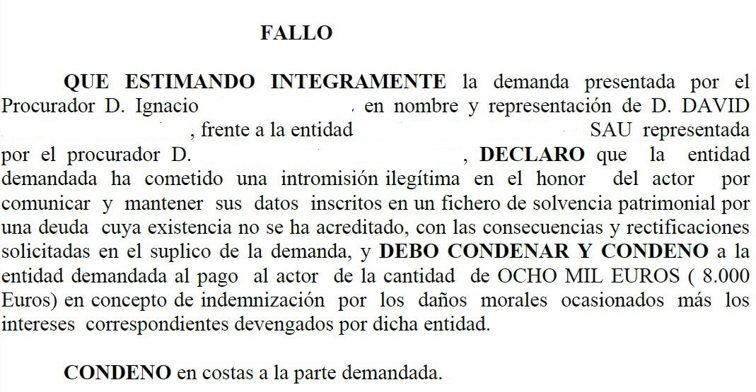 reciente caso de éxito de garón abogados en reclamar indemnización por estar incluido en fichero de morosos asnef