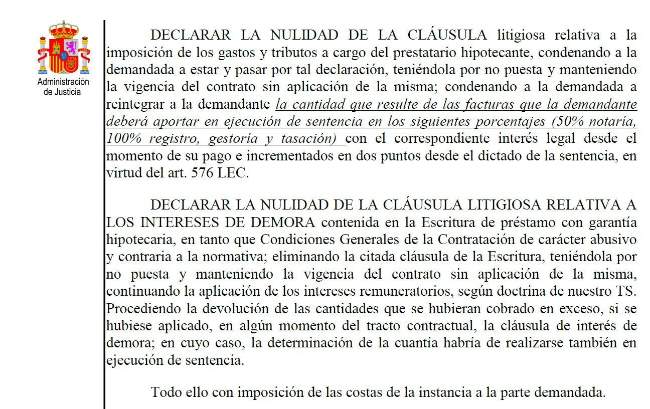 sentencia reclamar gastos hipoteca